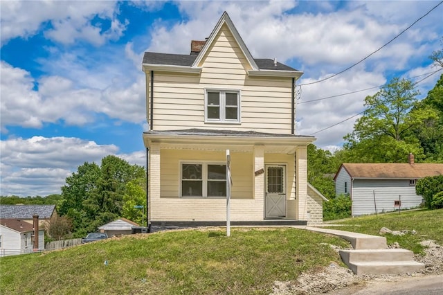 3510 Middletown Rd, Crafton Heights, PA 15204 - traditional-style house featuring a front yard, covered porch, roof with shingles, and a chimney