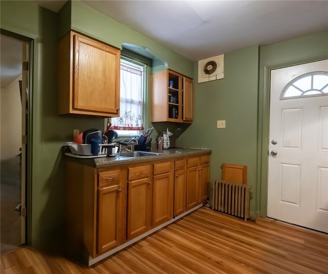 422 Hays Ave, Mount Oliver, PA 15210 - kitchen featuring radiator heating unit, light wood-type flooring, dark countertops, a sink, and brown cabinets