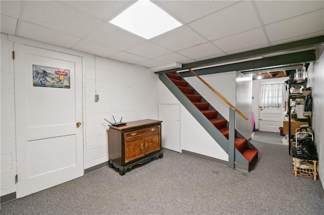 2351 Saranac Ave, Beechview, PA 15216 - basement featuring a paneled ceiling, carpet, stairs, and concrete block wall