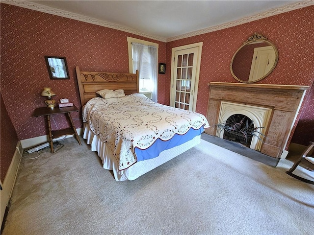 235 Mcclay Rd, Canton Twp, PA 15301 - carpeted bedroom featuring wallpapered walls, crown molding, and a fireplace