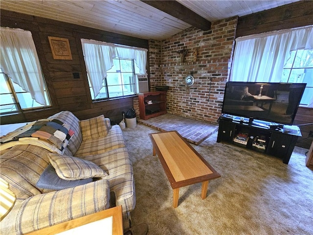 235 Mcclay Rd, Canton Twp, PA 15301 - carpeted living area featuring wood ceiling with exposed beams and wood walls