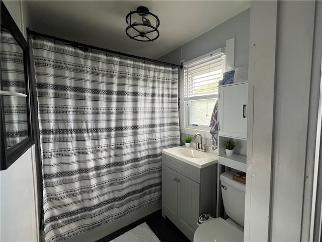 bathroom with vanity, toilet, and a shower with curtain
