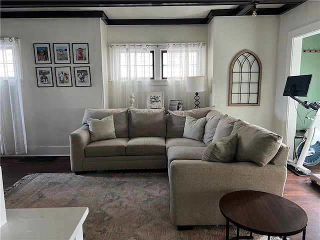 living room with dark wood-style flooring and baseboards