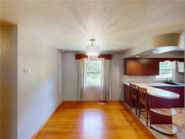 306 Cherokee Dr, Center Twp But, PA 16001 - dining area with a textured ceiling, a chandelier, light wood-style floors, and baseboards