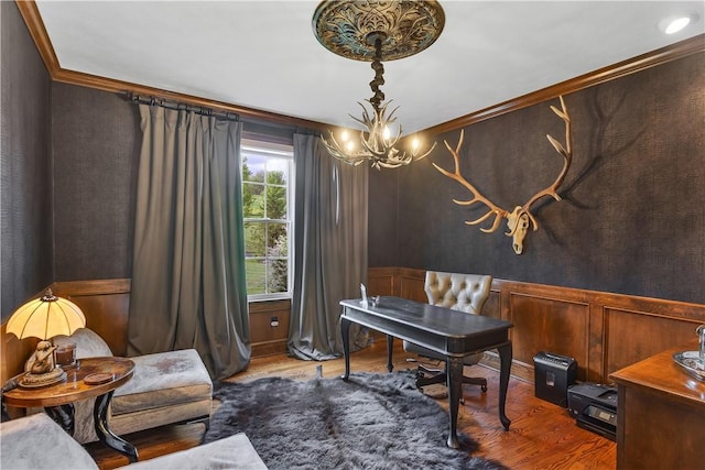 117 Majestic Dr, Adams Twp, PA 16046 - home office with wood finished floors, ornamental molding, and a chandelier