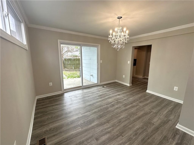 94 Lenox St, Uniontown, PA 15401 - spare room with a chandelier, baseboards, dark wood-style flooring, and ornamental molding