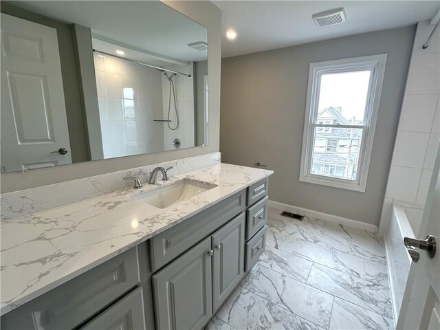 94 Lenox St, Uniontown, PA 15401 - full bath with a shower, vanity, baseboards, marble finish floors, and recessed lighting