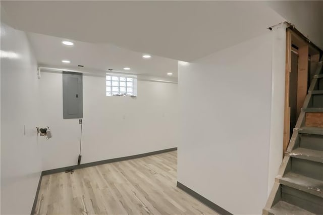622 Ascension Dr, West Mifflin, PA 15122 - basement with electric panel, light wood-style floors, recessed lighting, and baseboards