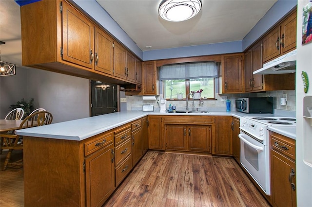 512 Leckrone Highhouse Rd, Pa, PA 15458 - kitchen featuring a sink, white range with electric stovetop, under cabinet range hood, stainless steel microwave, and a peninsula