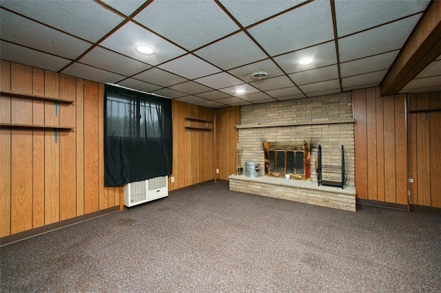 512 Leckrone Highhouse Rd, Pa, PA 15458 - unfurnished living room with dark colored carpet, a brick fireplace, baseboards, wood walls, and recessed lighting