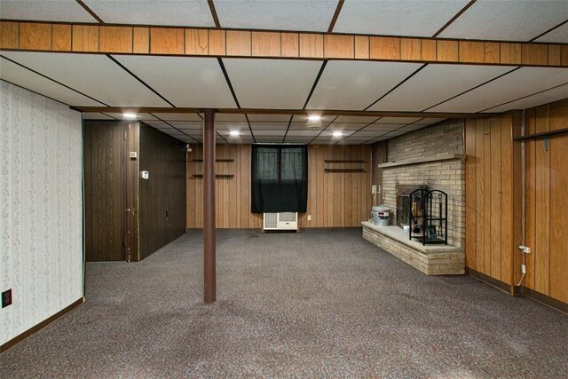 512 Leckrone Highhouse Rd, Pa, PA 15458 - finished basement featuring a fireplace, carpet, baseboards, and wood walls