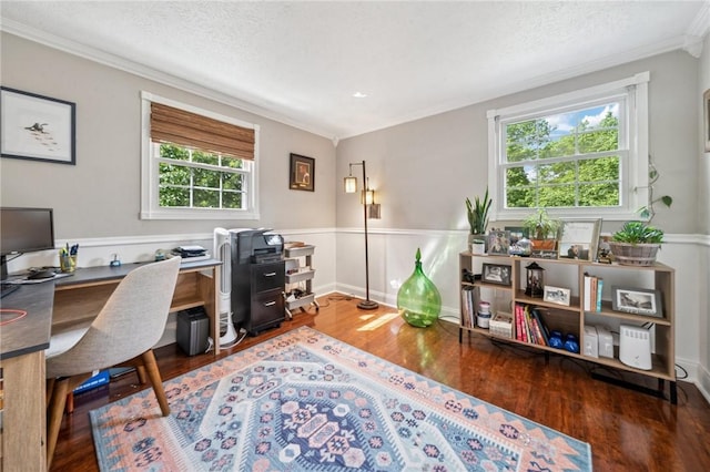 282 Carmell Dr, Upper St Clair, PA 15241 - home office with crown molding, wood finished floors, a wainscoted wall, and a textured ceiling