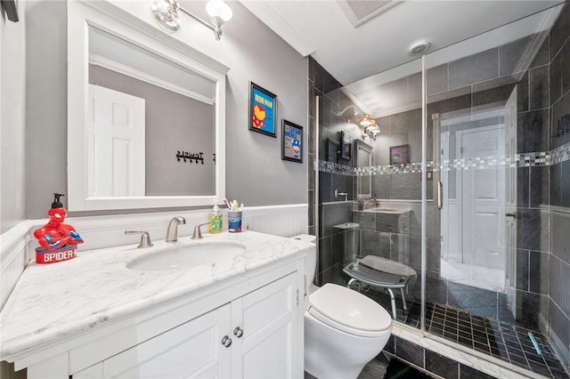 282 Carmell Dr, Upper St Clair, PA 15241 - full bath featuring toilet, a stall shower, vanity, wainscoting, and crown molding