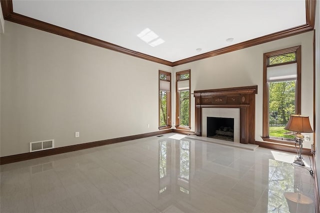 3702 Millstone Ct, Murrysville, PA 15668 - unfurnished living room with baseboards, crown molding, and a high end fireplace