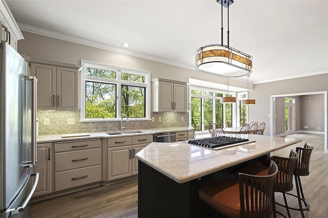 3702 Millstone Ct, Murrysville, PA 15668 - kitchen with appliances with stainless steel finishes, a sink, gray cabinetry, crown molding, and a breakfast bar area