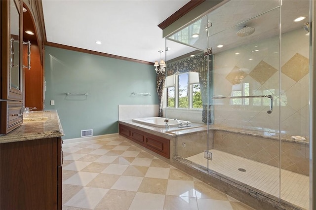 3702 Millstone Ct, Murrysville, PA 15668 - bathroom with a shower stall, a garden tub, baseboards, vanity, and ornamental molding