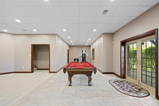 3702 Millstone Ct, Murrysville, PA 15668 - recreation room with baseboards, recessed lighting, billiards table, and french doors