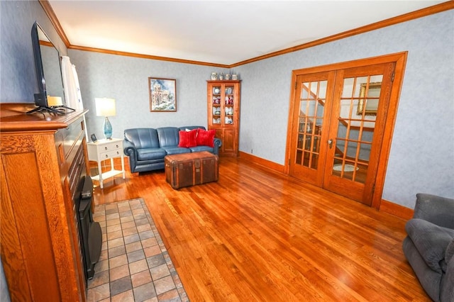 120 S Shenango St, Mercer Boro Mer, PA 16137 - living room with french doors, light wood-type flooring, crown molding, and baseboards