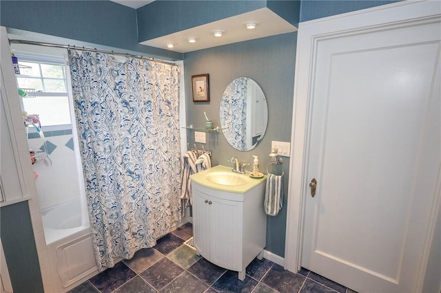 120 S Shenango St, Mercer Boro Mer, PA 16137 - full bathroom with vanity, shower / bath combo with shower curtain, and baseboards