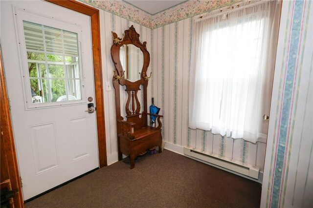 120 S Shenango St, Mercer Boro Mer, PA 16137 - foyer entrance with a baseboard radiator, wallpapered walls, and carpet flooring