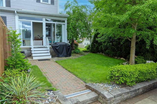 120 S Shenango St, Mercer Boro Mer, PA 16137 - view of green lawn featuring a sunroom and entry steps