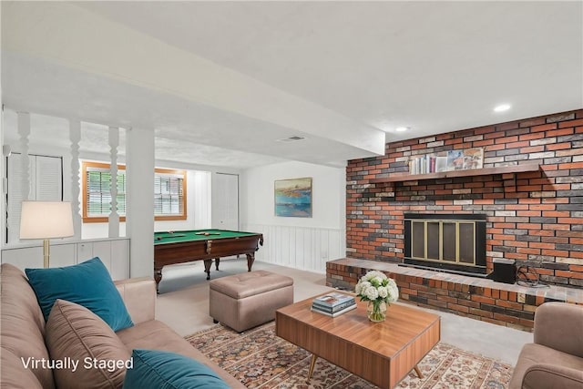 362 Fruitwood Dr, Bethel Park, PA 15102 - carpeted living room featuring pool table, a fireplace, a wainscoted wall, and recessed lighting