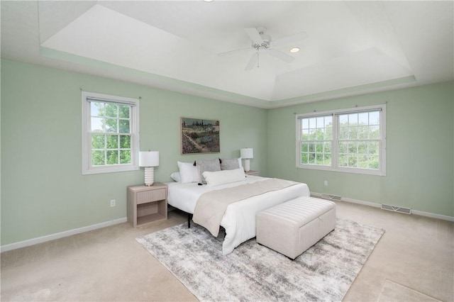 2214 Shannon Mills Dr, Connoquenessing Twp, PA 16053 - carpeted bedroom with a tray ceiling, multiple windows, baseboards, and a ceiling fan