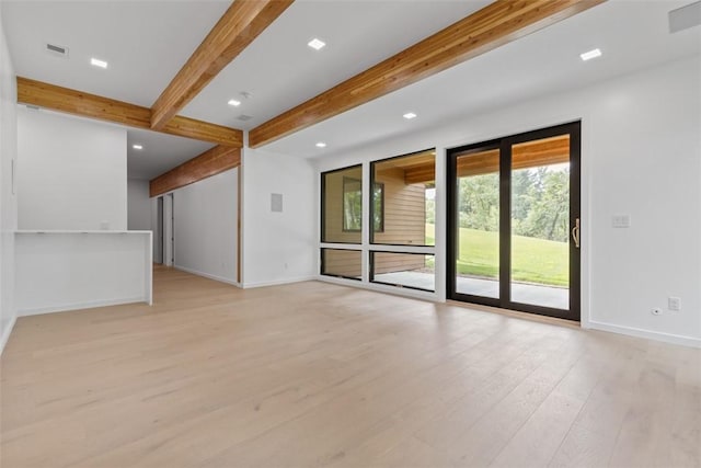 409 Fox Chapel Rd, Fox Chapel, PA 15238 - unfurnished living room with beamed ceiling, baseboards, light wood-style floors, and recessed lighting