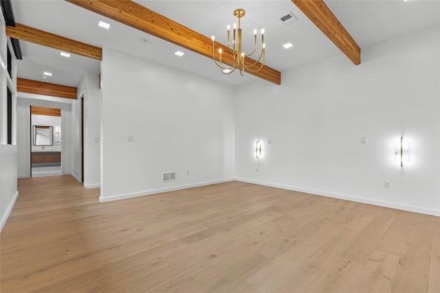 409 Fox Chapel Rd, Fox Chapel, PA 15238 - unfurnished room with beam ceiling, a chandelier, light wood-type flooring, and baseboards