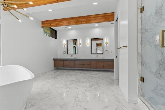 409 Fox Chapel Rd, Fox Chapel, PA 15238 - full bath featuring marble tiled floors, a marble finish shower, beam ceiling, double vanity, and a soaking tub