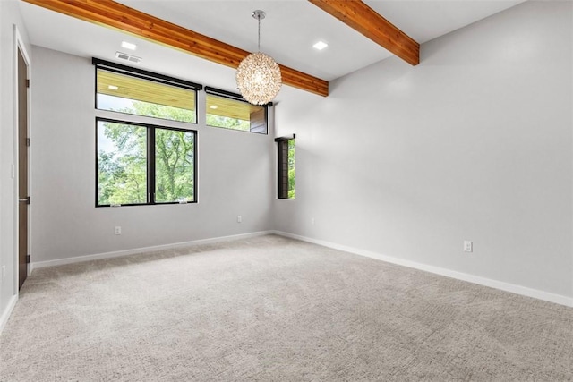 409 Fox Chapel Rd, Fox Chapel, PA 15238 - unfurnished room featuring beamed ceiling, baseboards, carpet flooring, a chandelier, and recessed lighting
