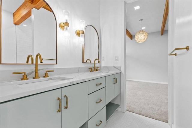 409 Fox Chapel Rd, Fox Chapel, PA 15238 - full bathroom featuring beamed ceiling and double vanity