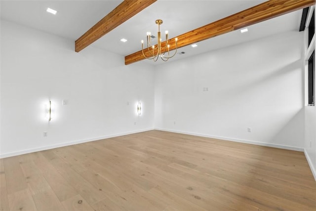409 Fox Chapel Rd, Fox Chapel, PA 15238 - spare room with beam ceiling, a chandelier, light wood-style flooring, baseboards, and recessed lighting
