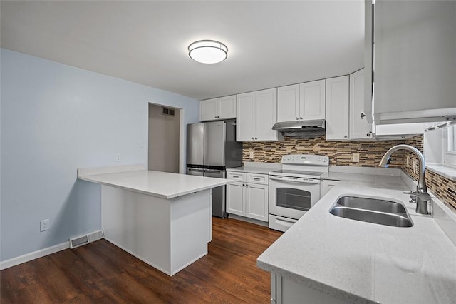 440 Perrymont, Mccandless, PA 15237 - kitchen with white electric range, a sink, freestanding refrigerator, and tasteful backsplash