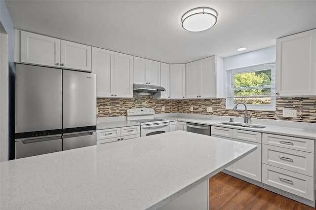 440 Perrymont, Mccandless, PA 15237 - kitchen with appliances with stainless steel finishes, a sink, decorative backsplash, white cabinetry, and under cabinet range hood