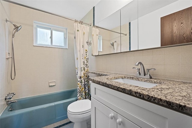 440 Perrymont, Mccandless, PA 15237 - full bathroom featuring toilet, shower / tub combo with curtain, vanity, tasteful backsplash, and tile patterned flooring
