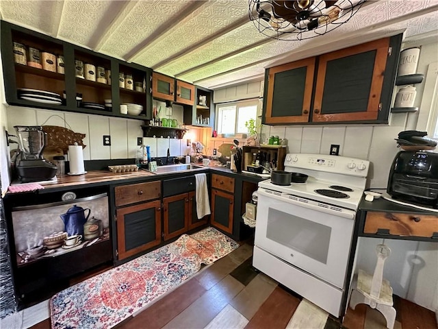 1641 Clintonville Rd, Irwin Twp, PA 16038 - kitchen featuring white range with electric stovetop, open shelves, a sink, and backsplash
