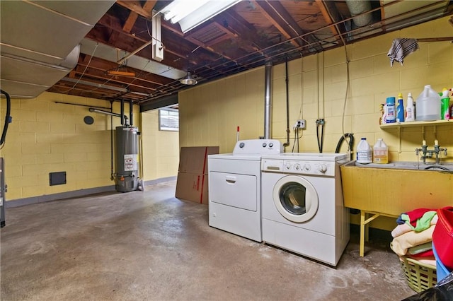 128 Wise Rd, City Of But Se, PA 16002 - laundry room with water heater, washer and dryer, and concrete block wall