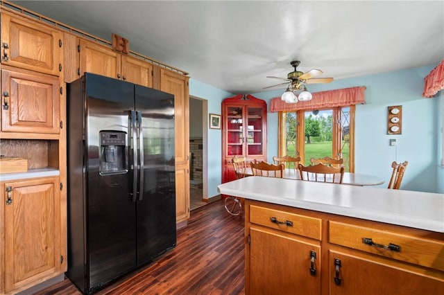 128 Wise Rd, City Of But Se, PA 16002 - kitchen featuring black fridge with ice dispenser, light countertops, ceiling fan, and dark wood finished floors