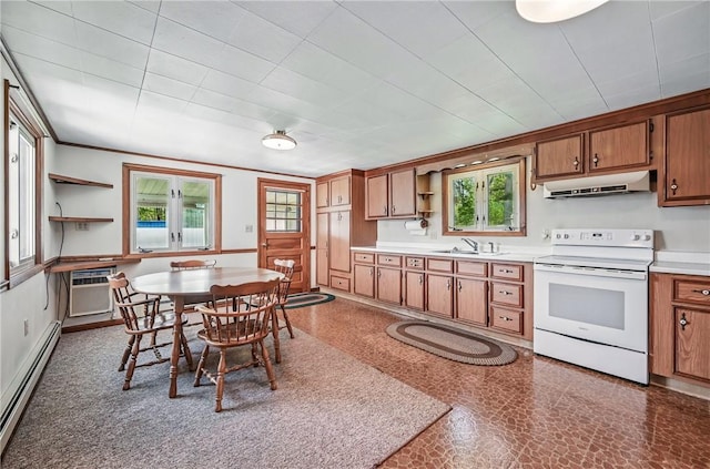 601 Depot St, Jamestown, PA 16134 - kitchen with white range with electric cooktop, open shelves, under cabinet range hood, baseboard heating, and crown molding