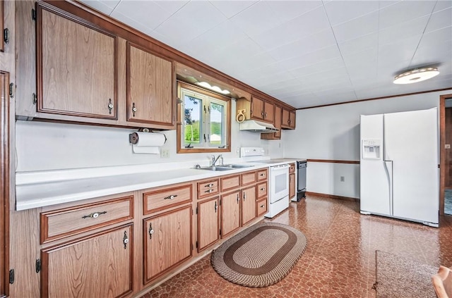 601 Depot St, Jamestown, PA 16134 - kitchen with white appliances, a sink, light countertops, under cabinet range hood, and baseboards