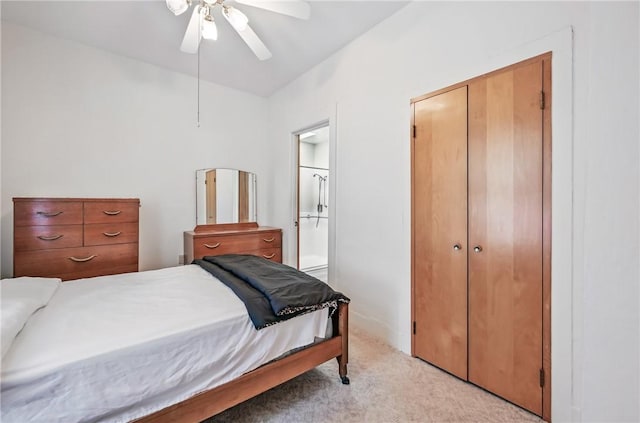 601 Depot St, Jamestown, PA 16134 - bedroom with light carpet, a closet, a ceiling fan, and ensuite bathroom