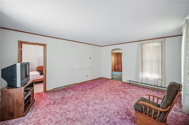 601 Depot St, Jamestown, PA 16134 - sitting room with a baseboard heating unit, arched walkways, crown molding, carpet floors, and baseboard heating
