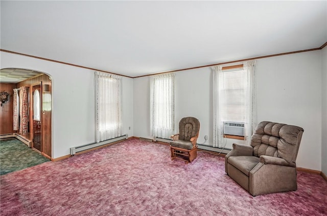 601 Depot St, Jamestown, PA 16134 - living area with a baseboard heating unit, arched walkways, carpet flooring, baseboards, and ornamental molding