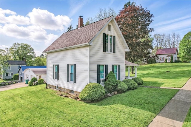 601 Depot St, Jamestown, PA 16134 - view of side of home featuring a chimney, a lawn, roof with shingles, and a garage