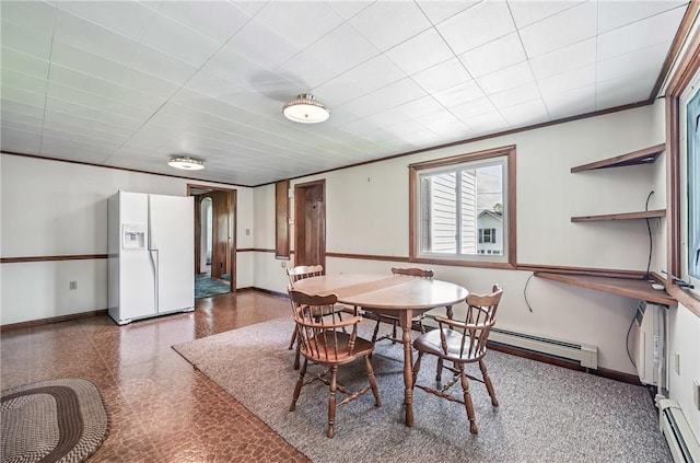 601 Depot St, Jamestown, PA 16134 - dining space with a baseboard heating unit, baseboards, and ornamental molding