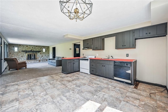 13035 State Highway 618, Conneaut Lake Cra, PA 16316 - kitchen featuring white electric range oven, black dishwasher, a sink, and light stone finish floors