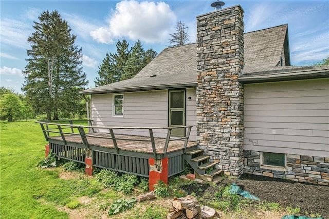 13035 State Highway 618, Conneaut Lake Cra, PA 16316 - rear view of house featuring a chimney, a wooden deck, and a lawn