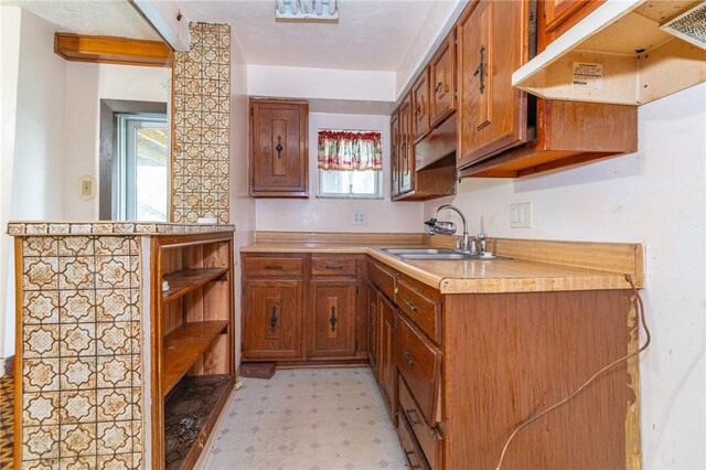 2605 Fayette St, Mckeesport, PA 15132 - kitchen featuring a sink, under cabinet range hood, light countertops, light floors, and brown cabinetry