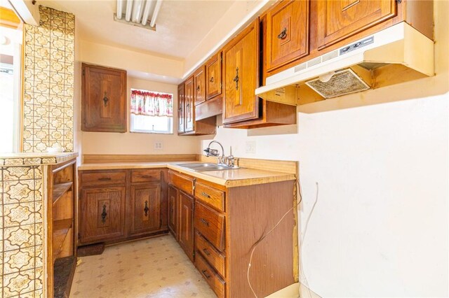 2605 Fayette St, Mckeesport, PA 15132 - kitchen featuring under cabinet range hood, a sink, brown cabinetry, light countertops, and light flooring